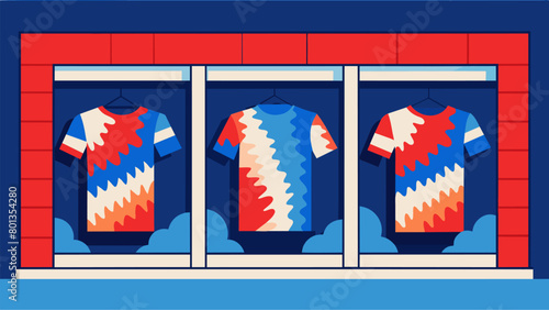 Dazzling Display A display of tiedye shirts in a storefront window catching the eye of passersby with their bold red white and blue designs. These. Vector illustration