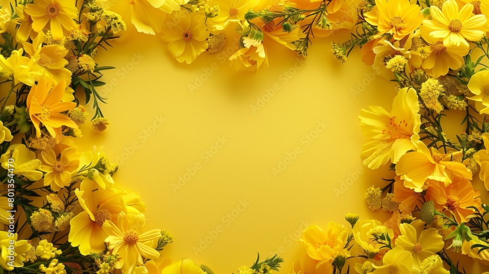 A vibrant yellow floral border with a variety of flowers and a plain yellow background. A vibrant yellow floral border with a variety of flowers and a plain yellow background.