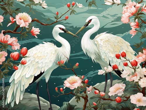 Highres vector of cranes and peonies on an emerald backdrop, ideal for traditional Asianinspired luxury textiles ,  repeating pattern