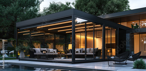 Modern glass pavilion with a black frame, large window, sofa and table inside the gazebo, pool outside, white outdoor furniture around, minimalist style house photo