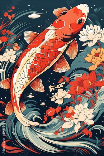 Dynamic koi fish and water flora vector illustration, ideal for crafting sunshiny seasonal greeting cards and print art ,  simple lines drawing photo