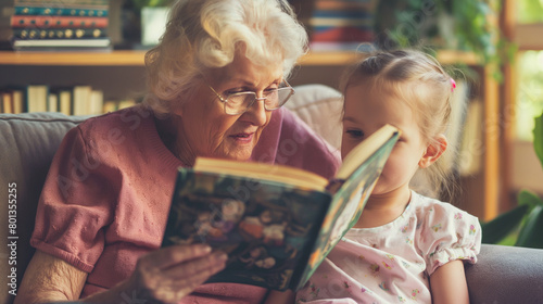Idosa lendo um livro para sua neta  photo
