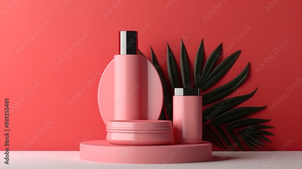Pink or coral podium with palm leaves and cosmetics mockup