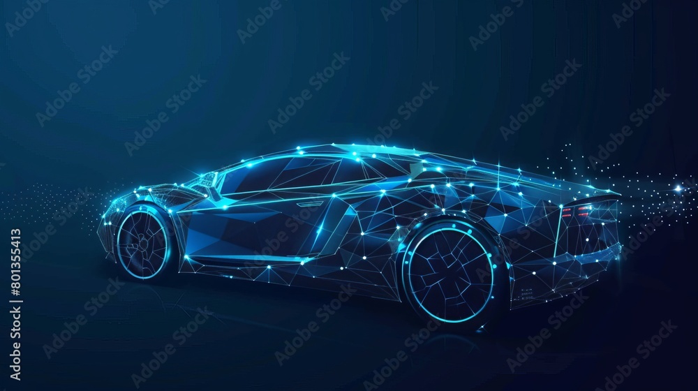 Abstract vector illustration of a modern car in a digital futuristic polygonal style, isolated on a dark blue background. Abstract vector illustration of a modern car in a digital futuristic polygonal style, isolated on a dark blue background.