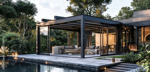 Modern glass pavilion with a black frame, large window, sofa and table inside the gazebo, pool outside, white outdoor furniture around, minimalist style house