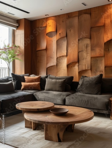 Stylish and creative living room decor with abstract wood paneling.