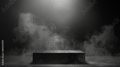 Black concrete pedestal on a dark background with white spotlight and smoke