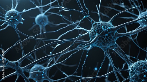 Human neurons and electrical cells connections and design with blue and black theme in random ways and shapes. AI Generated photo