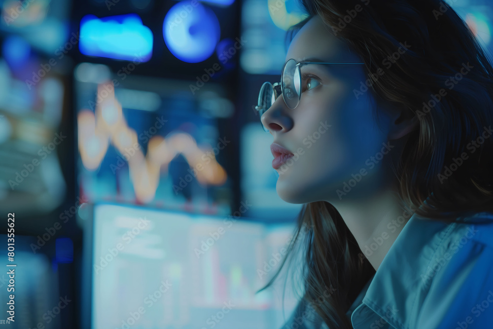 Close up of a businessman analyzing charts on a computer late in the office