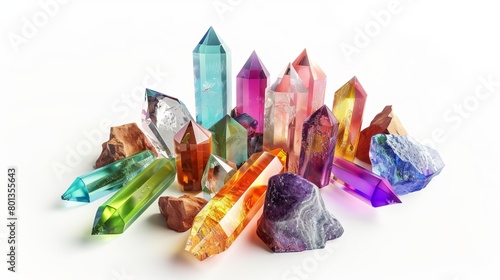 Assortment of assorted colored spiritual crystals isolated on a white background in a 3D render, featuring reiki healing quartz, rough nuggets, faceted gemstones, and semiprecious gems. photo