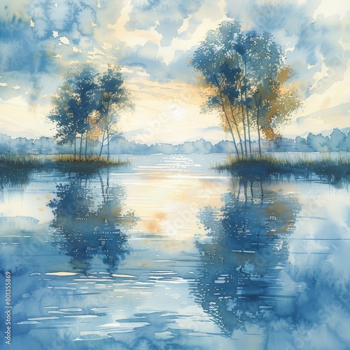 Watercolor landscapes featuring fluid brush strokes  depicting serene and dreamy water scenes.
