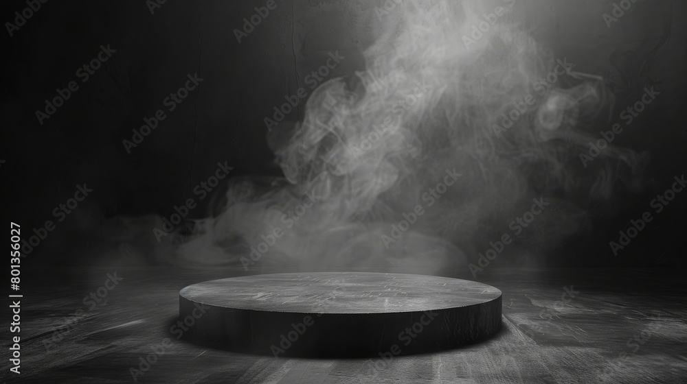 Black concrete pedestal against a dark background with a spotlight and smoke