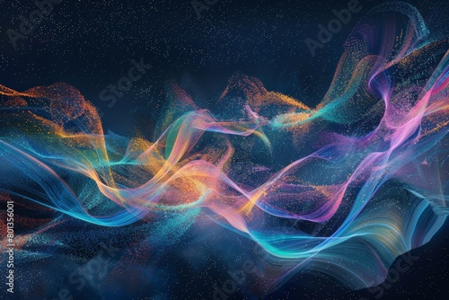 A dynamic composition of colorful particles swirling and forming intricate lines against a dark  starry night sky. 