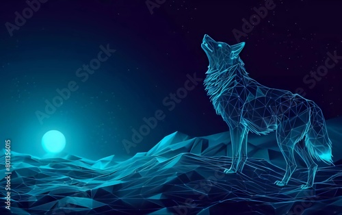 Abstract night wolf digital landscape. Digital low poly wireframe vector illustration with very beautiful 3D effect © Harjo