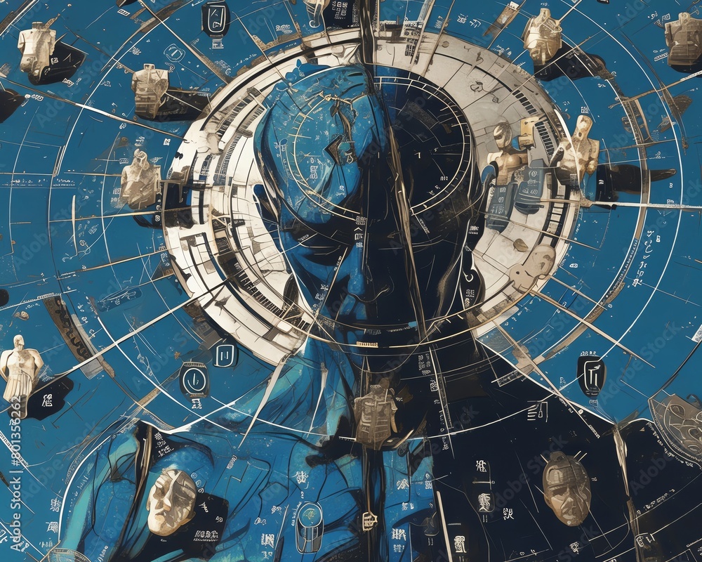 Obraz premium A highly detailed painting of a circuit board in the shape of a human body. It is blue and gold. There are gears and cogs everywhere. It is very intricate and detailed.