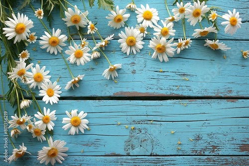 Stunning White Daisies Arranged on a Vibrant Blue Wooden Background © Generative ART