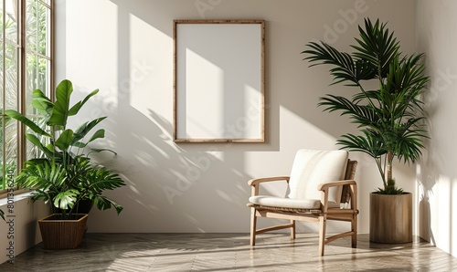 Empty wooden armchair with cream cushions sits houseplants in a pot corner room with a wooden parquet floor and a blank poster picture frame on a white ivory wall in a bright living room. 3D Mockup in photo