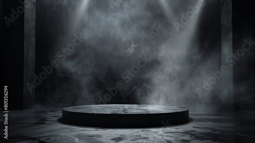 A spotlight shines down on an empty pedestal in the center of a dark room.