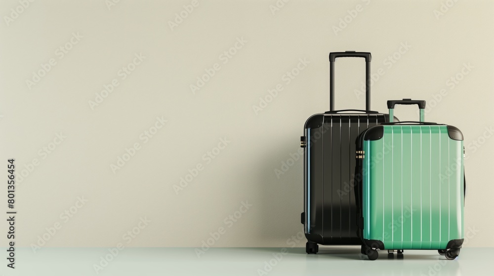 Two modern suitcases, one black and one green, against a beige background. Two modern suitcases, one black and one green, against a beige background.