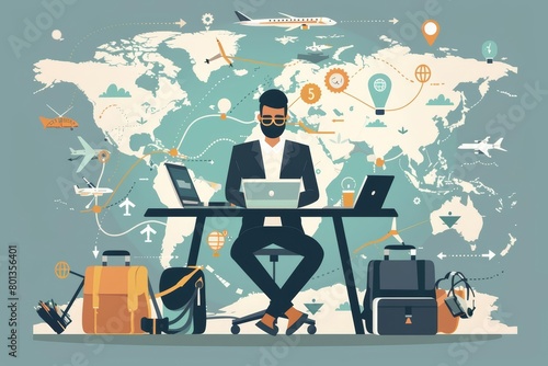 A flat design cartoon portrays a business traveler efficiently managing tasks in various global locations photo