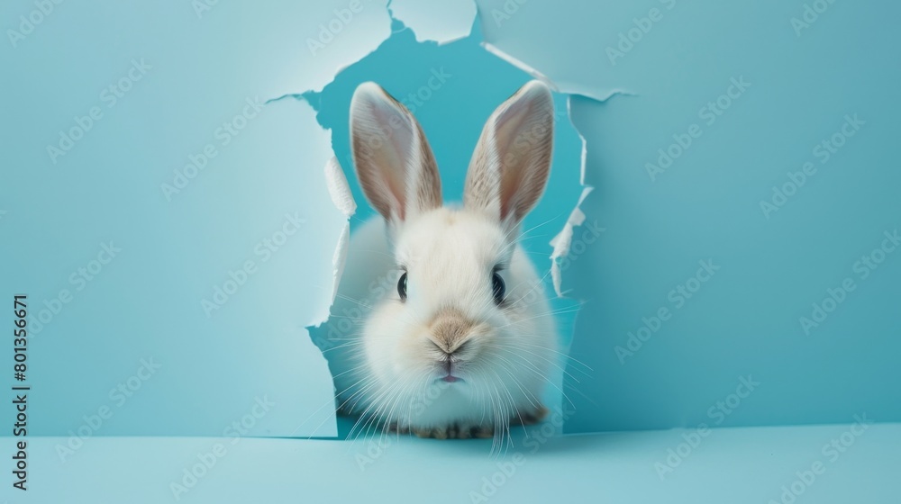 This image captures a white rabbit with an alert expression looking out from a jagged blue paper cutout providing a whimsical visual.
