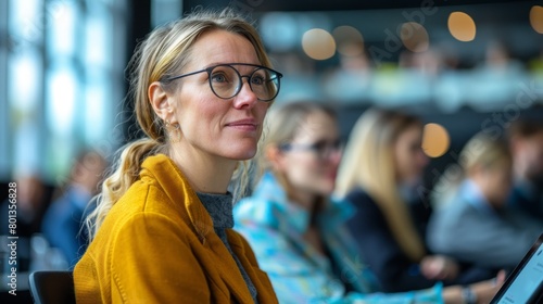 Focused Professional Woman Attending Conference, Engaged in Learning with Colleagues in Background, Concept of Career Development and Corporate Education photo