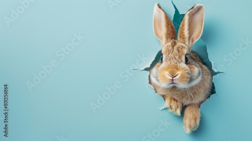 A cute bunny rabbit appears to be climbing through a hole in paper, set against a calming blue backdrop, ideal for playful themes.
