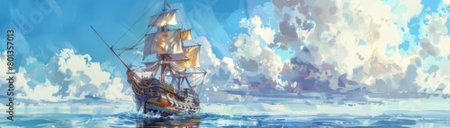 A ship sails the open sea, its massive hull a floating fortress of exploration and trade, kawaii water color