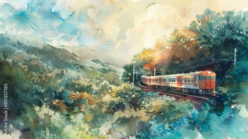 A train snakes through the countryside, its rhythmic clatter a soundtrack to the changing landscapes, kawaii water color photo