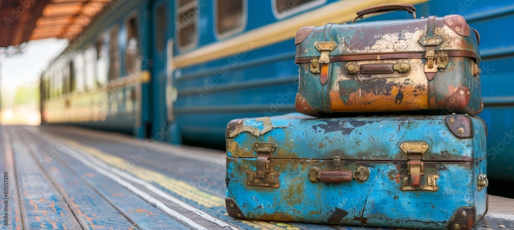 Fototapeta premium Travel suitcase positioned by the entrance of a bustling train station among busy commuters