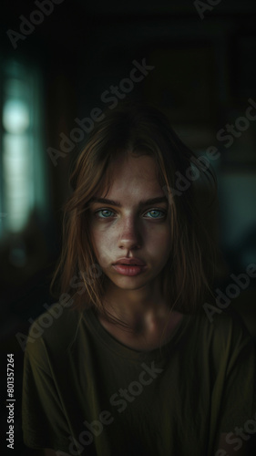 close-up, editorial photograph of a 21 year old woman, background inside dark, moody