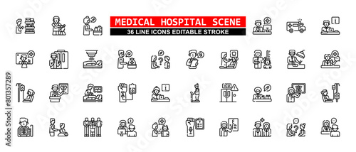 36 Medical Hospital Scene Line Icons Set Pack Editable Stroke Vector Illustration.