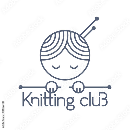 Knitting club logo. Vector icon of knitting woman in minimalistic style.
