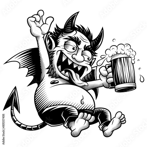 Drinking devil. Vector illustration in engraving technique of drunk devil holding beer.