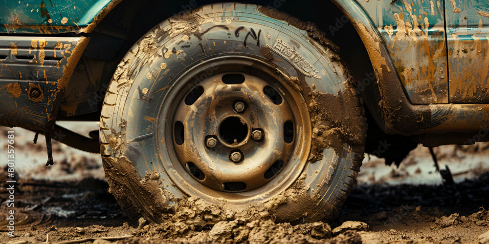 Off-Road Vehicle Tire on Muddy Road with Mud Splashes Wheel of Off-Road Car in Muddy Puddle Close-Up View