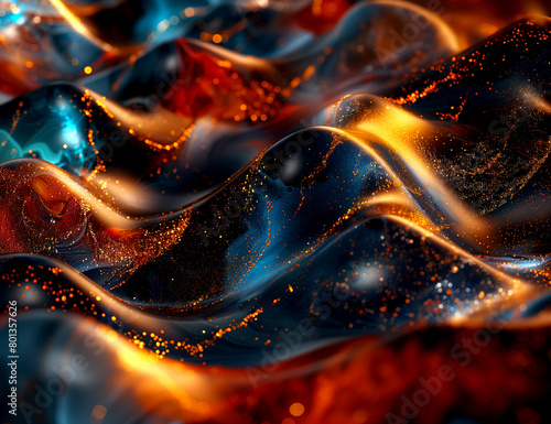 A close up of an electric blue liquid wave with sparkling orange flames