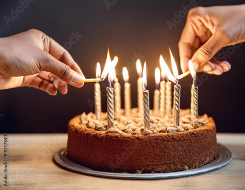 Close up em mãos de duas pessoas acendendo várias velas sobre bolo confeitado de aniversário com fundo preto.