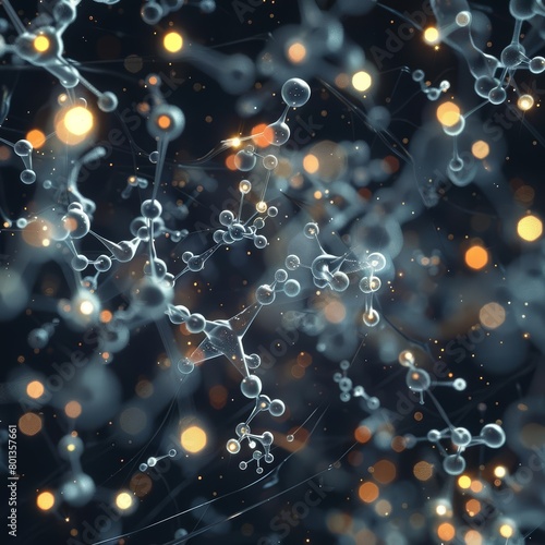 3D rendering of a molecular structure with glowing particles.