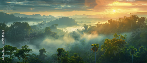 A serene sunrise illuminating the misty rainforest photo