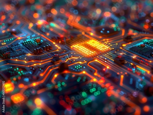 A microscopic view of a computer chip, its intricate circuitry glowing with vibrant binary code patterns, rendered in a hyperdetailed 3D style 
