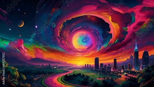 A colorful cityscape with psychedelic sky motion loop photo