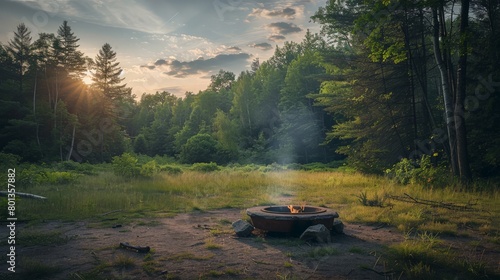 Tranquil campfire scene at dusk in a lush forest clearing. The essence of camping and outdoor relaxation.