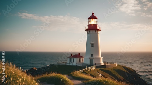 Lighthouse by the coat at noon with a clear sky and shining sun.