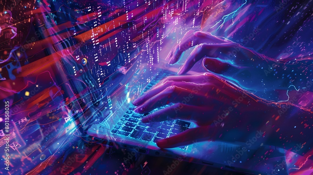 Fototapeta premium Futuristic Digital Landscape with Glowing Connections and Coding Elements