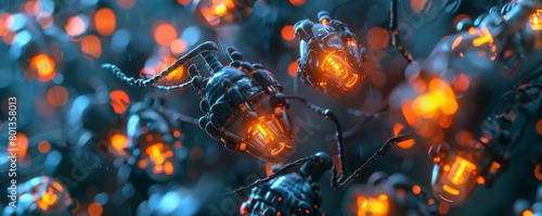 A microscopic view of a swarm of nanobots, each one a tiny machine with glowing neon cores, working together 