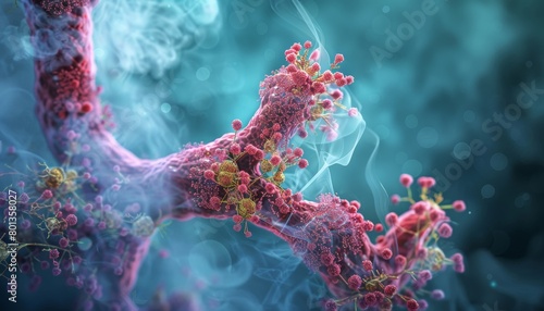 A microscopic view of healthy lung alveoli compared to ones damaged and inflamed by cigarette smoke 