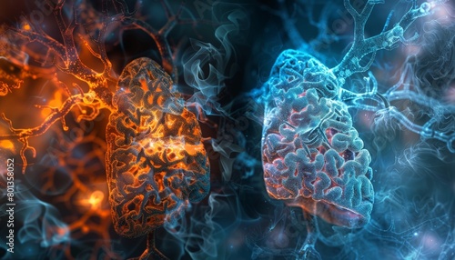 A microscopic view of healthy lung alveoli compared to ones damaged and inflamed by cigarette smoke 