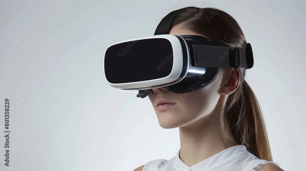Young Woman Wearing VR Headset in Minimalist Setting Young Woman Wearing VR Headset in Minimalist Setting