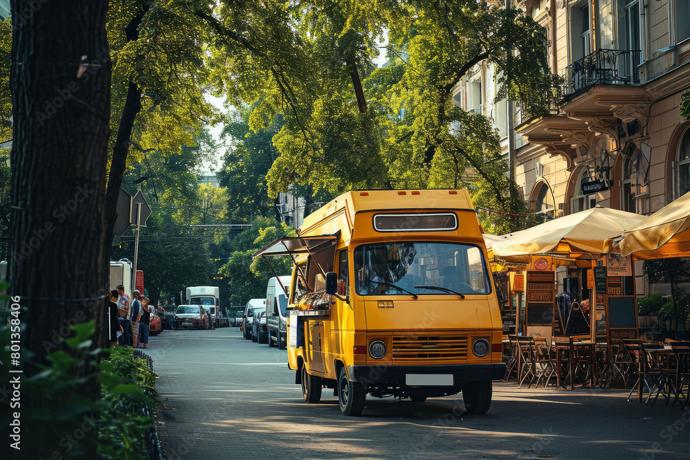 Fototapeta premium Street food van on a day city street. Ai generated