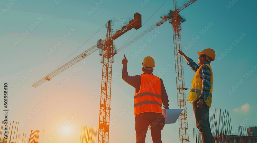 Construction Workers Building a High Rise Development at Sunset